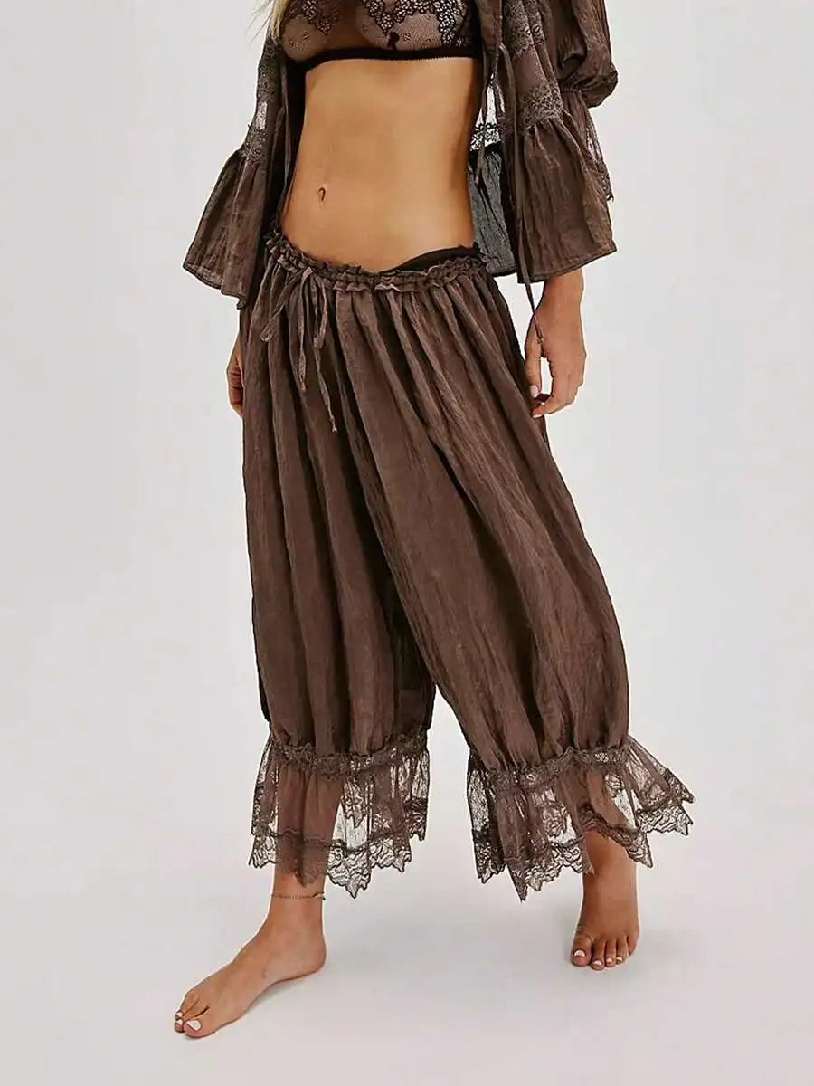 Women Cropped Lace Trim Bloomers Loose Mid Rise Victorian Pantaloons Streetwear