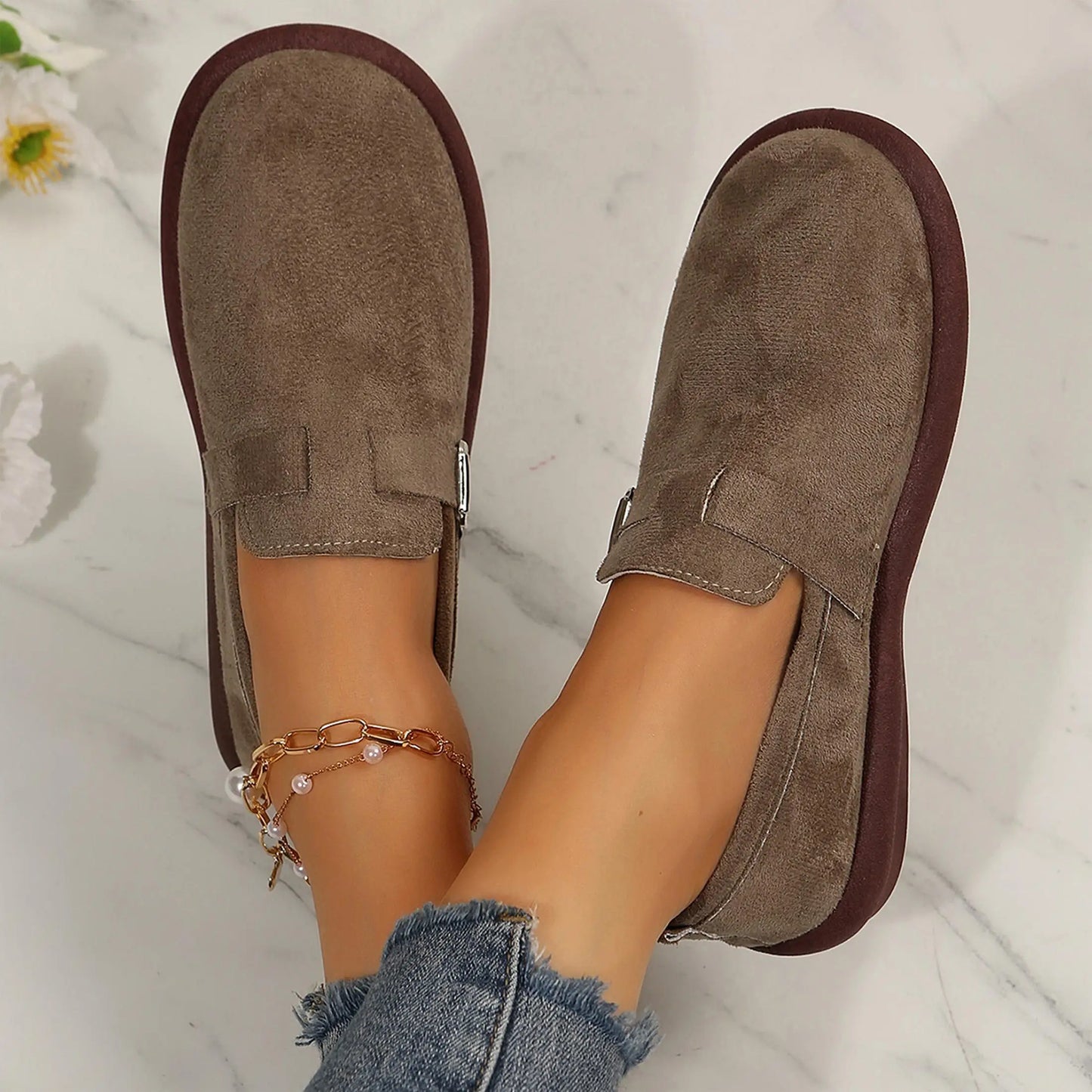Suede Buckle Loafers for Women Versatile Slip-On Flats with Durable Rubber Sole Walking Shoes
