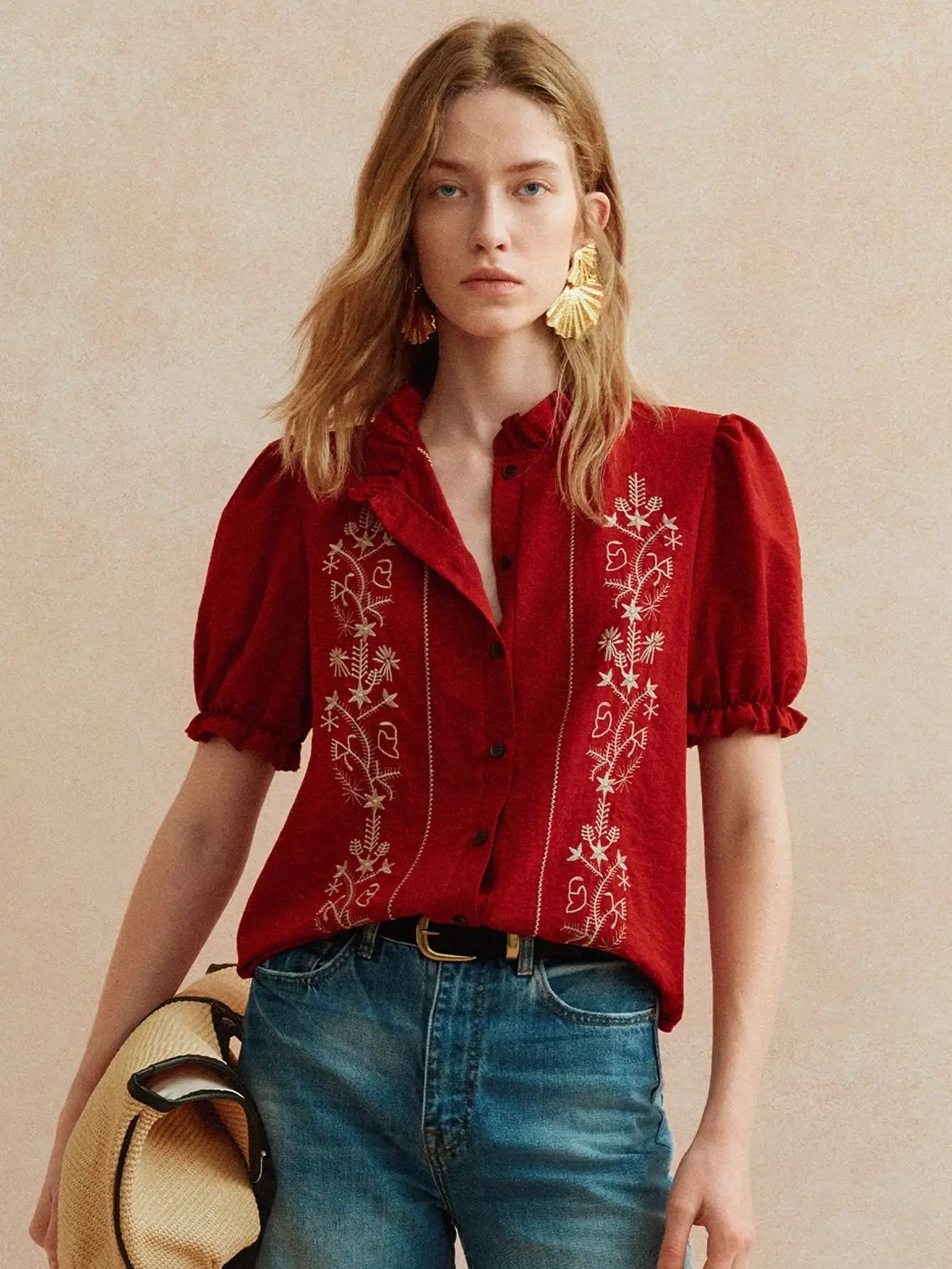 Elegant Embroidered Short Sleeve Blouse With Ruffled Collar And Puff Sleeves