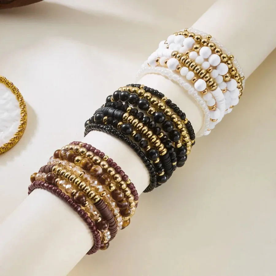 Bohemia Hand Jewelry Summer Beach Wristband Women 7Pcs Brown Gold Beaded Bracelets Set with Tiger Eye Stone and Crystal Charms
