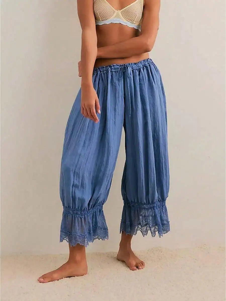 Women Cropped Lace Trim Bloomers Loose Mid Rise Victorian Pantaloons Streetwear