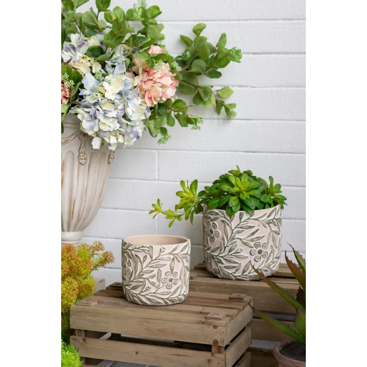 Set of 4 4.3x4.3x4" Gray Sand and Cement Planters with Brown Botanical Motifs On-Site