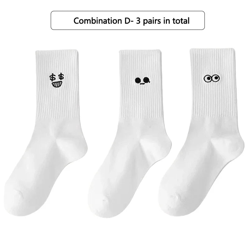 3/ 5 Pairs Women's Cartoon Socks Autumn Girls Cute Funny Expression Pattern Mid Tube Kawaii Casual Breathabl White Female Socks