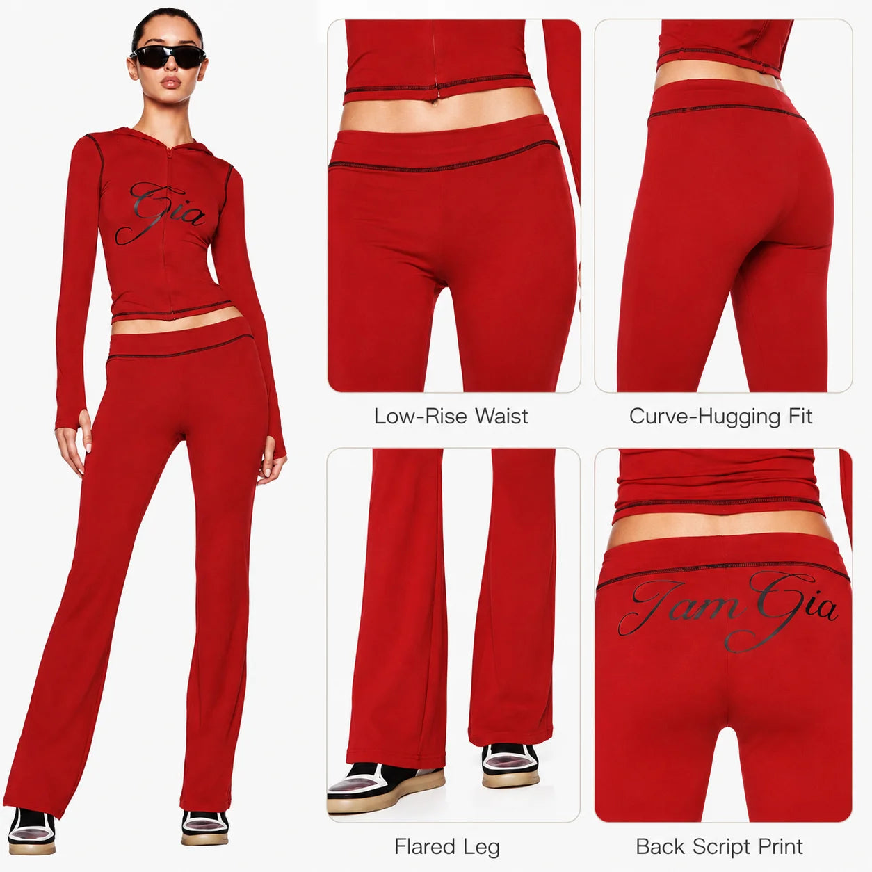 Red Women's Zip-Up Crop Top & Leggings Set with 'Girl' Graphic, Street Style Sporty 2-Piece Outfit for Parties