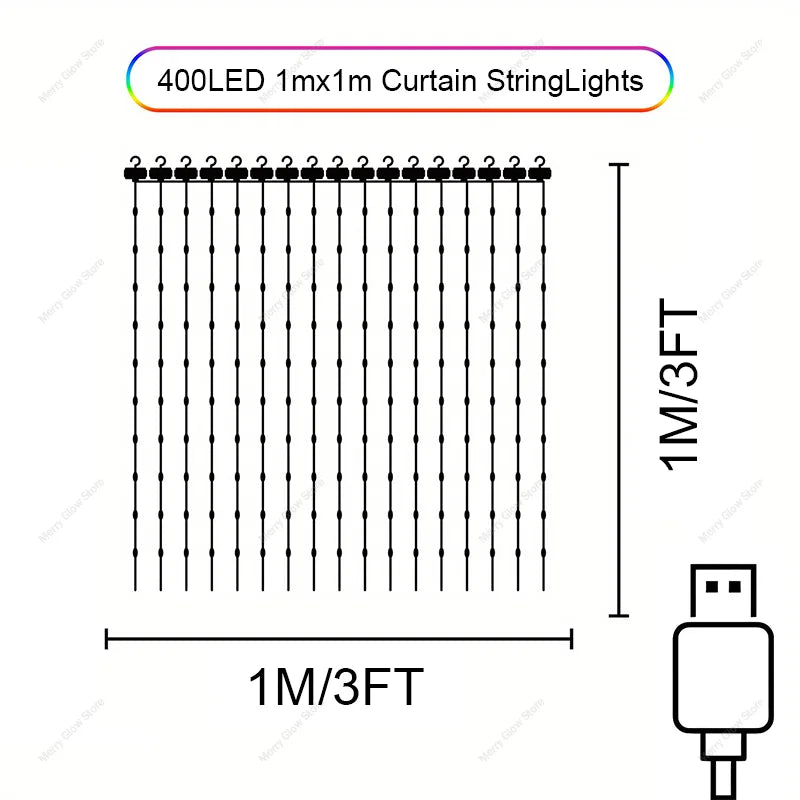 2m*2m/3m Smart Curtain Lights Bluetooth App LED String RGB Fairy Lights DIY Music Change Display for Window Bedroom Decoration