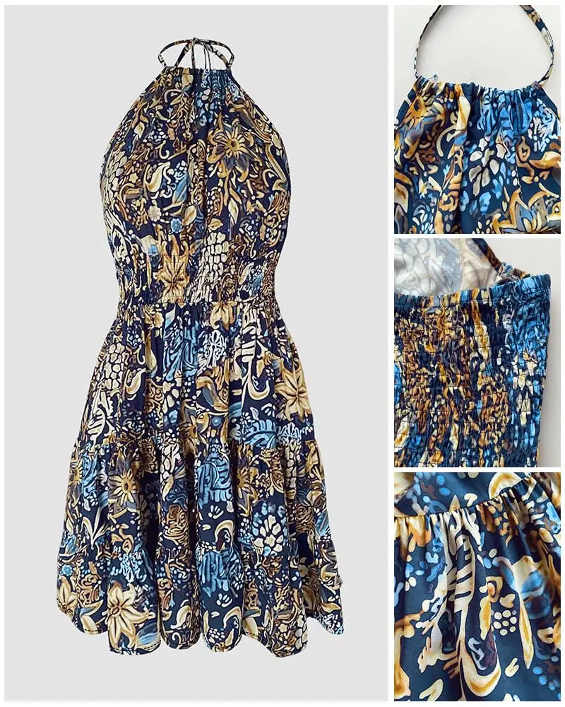 Women Summer Sleeveless Halter Neck Floral Print Flowy Boho Dress Casual Mini Dress