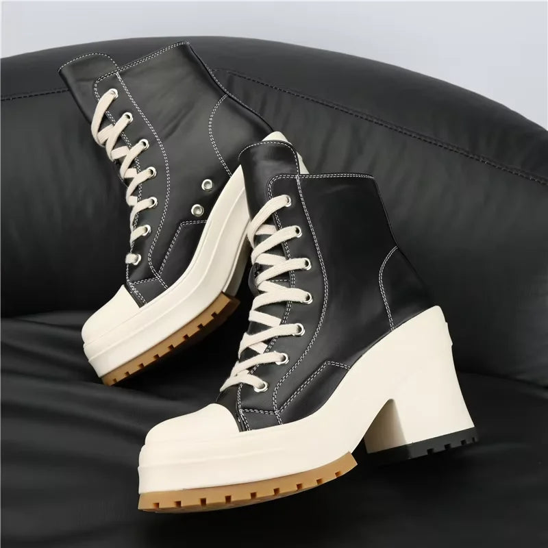 Women Chunky Heel Platform Ankle Boots Fashion All Match Casual Knight Boots Mixed Color Mujer High Heel Modern Botas Gothic