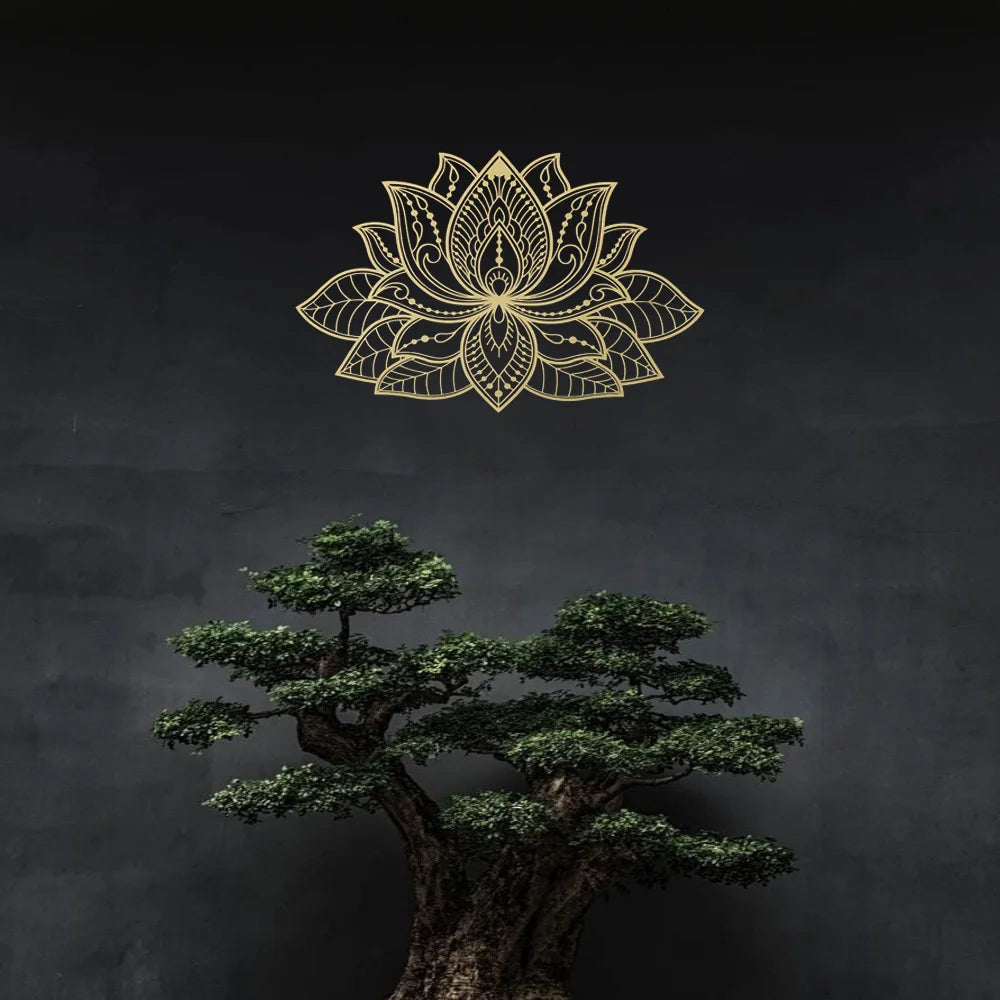 Boho Zen Radiant Lotus Wall Art, Shiny Metal Mandala Sculpture, Golden Brass Finish Iron Hanging Decor for Living Room, Bedroom, Yoga Studio, Bohemian Housewarming Gift