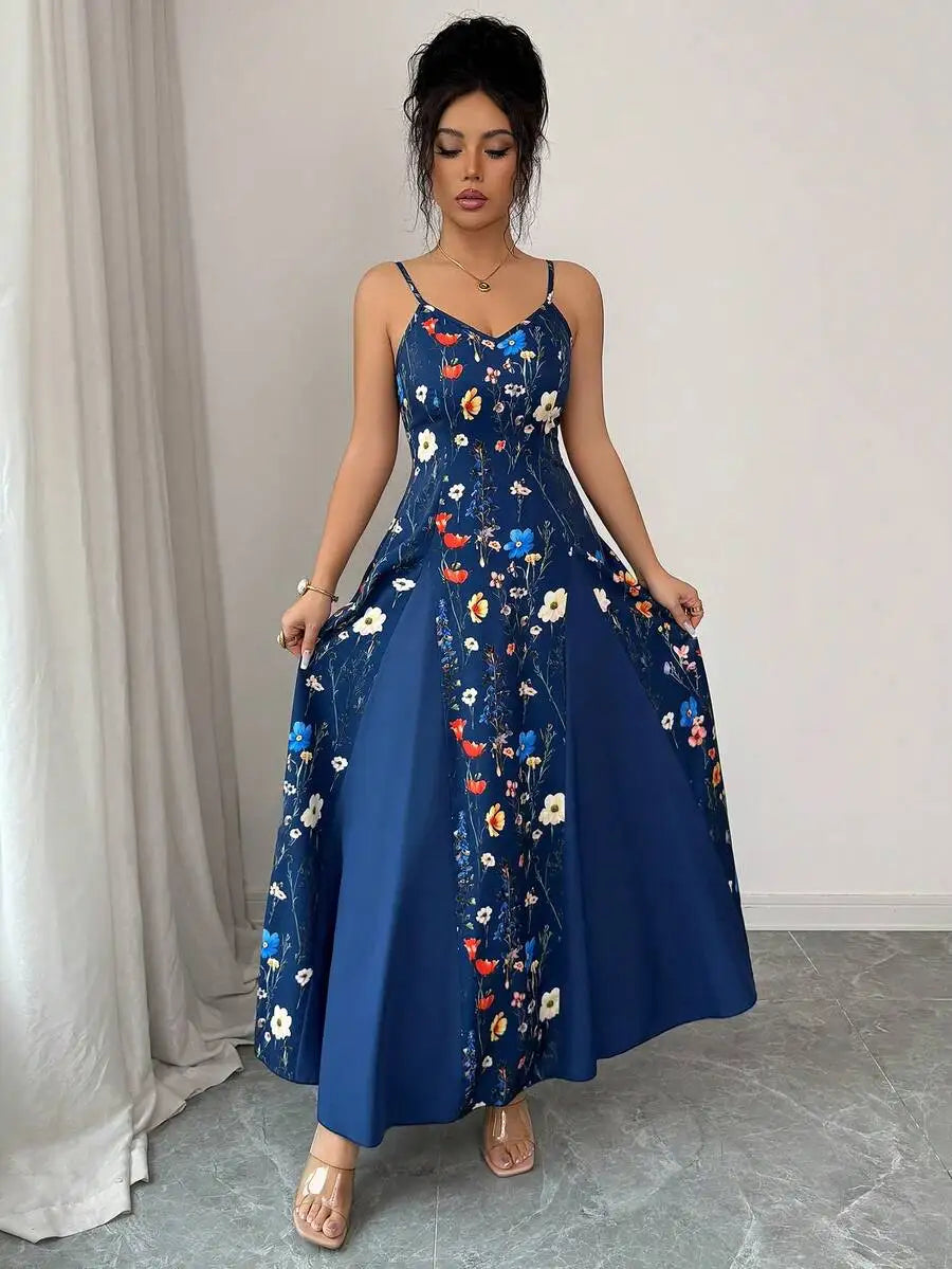 Womens V-Neck Floral Print Sleeveless Long Sundress Blue Casual Maxi Dress