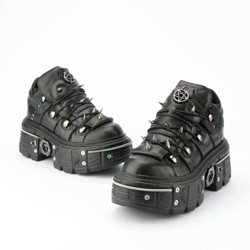Punk Rivet Metal Decoration Gothic Shoes Large Size Chunky Heel Platform Sneakers Casual Runway Outdoor Trainers Black Women Hot