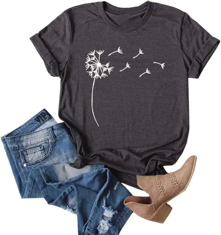 Women's Dandelion Print T Shirts Cute Graphic Tees Short Sleeve Summer Cotton Tee Tops