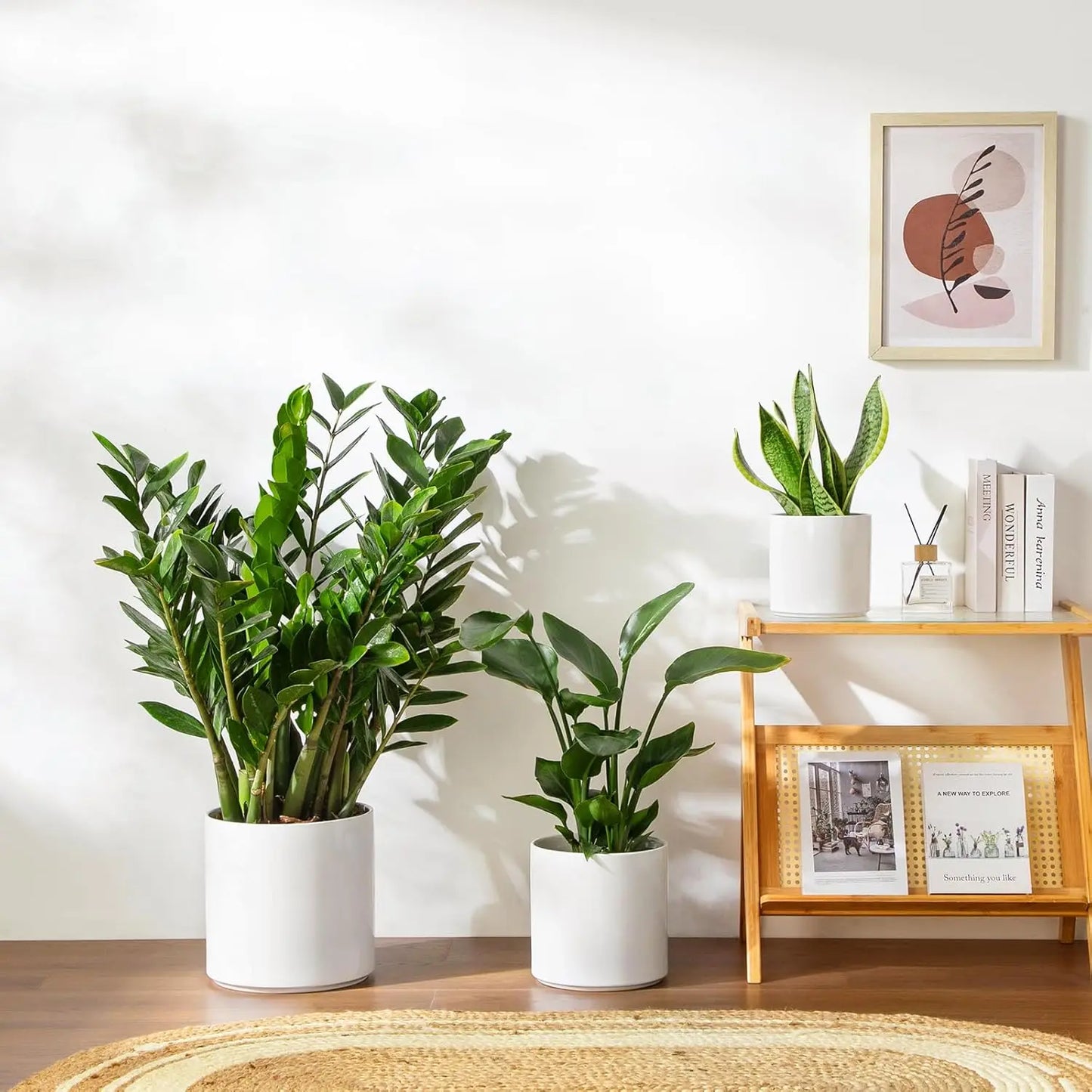 Set of 3 Ceramic Plant Pots with Drainage, 6/8/10 Inch, White, Indoor Outdoor
