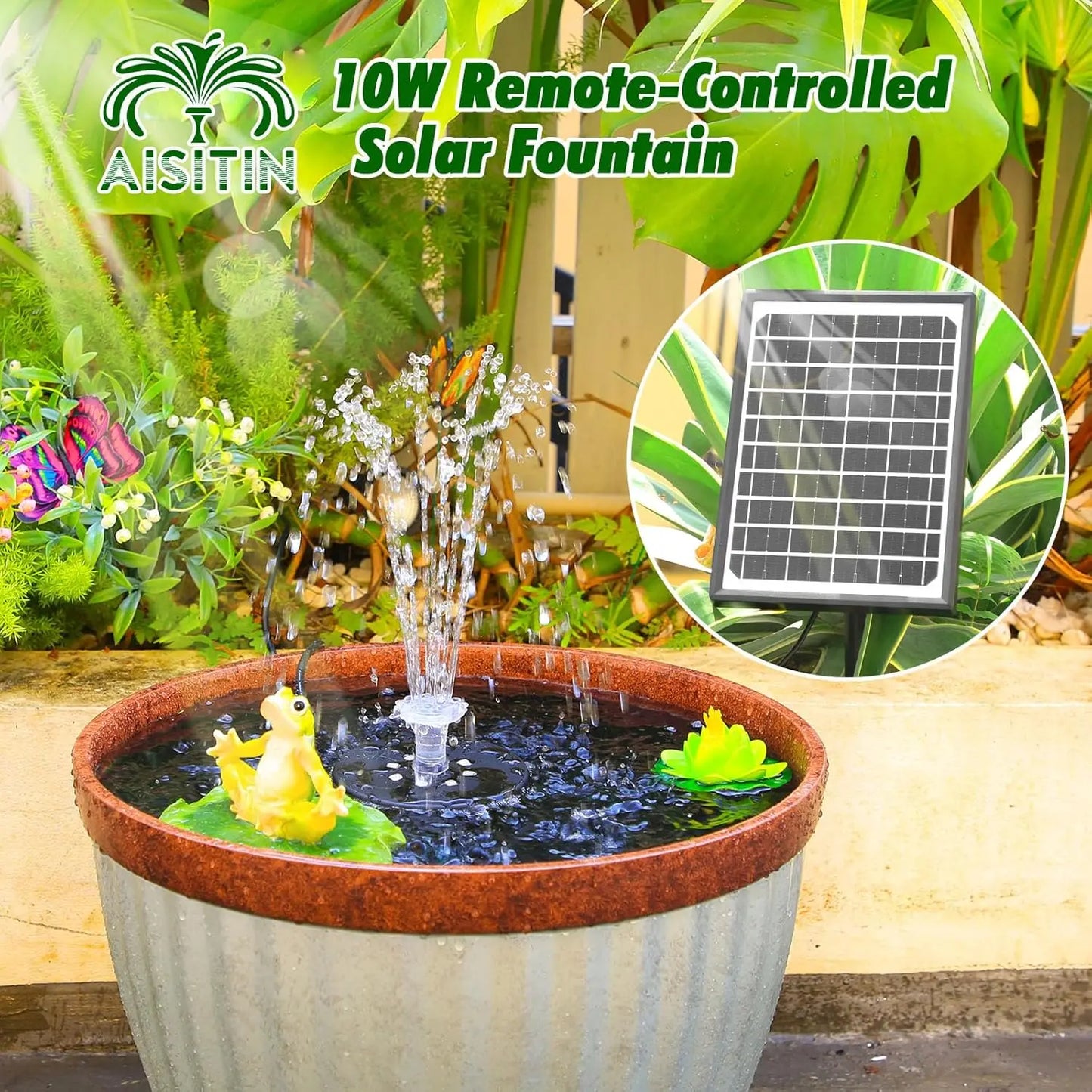 10W Solar Water Fountain with Colorful LED Light 4400mAh Rechargeable Battery Remote Control Solar Fountain Pump with 16 Nozzles