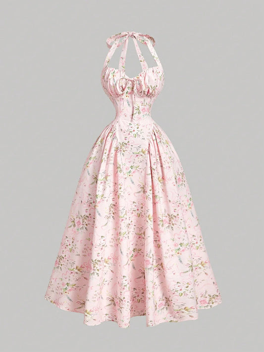 Pink Floral Halter Neck Midi Dress With Bow Tie Waist And Full Skirt, Romantic Cottagecore Style For Garden Party Or Vacation