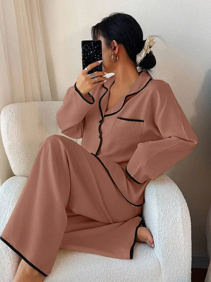 Womens Contrast Trim Lapel Loose Long Sleeve Pajama Set Light Green Sleepwear Lounge Wear