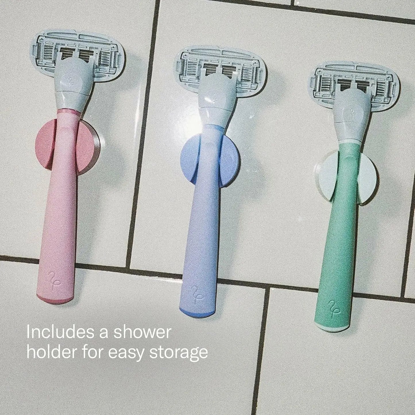Women's shaving razor set with ergonomic handle, 4-blade refills, and wall-mounted shower holder