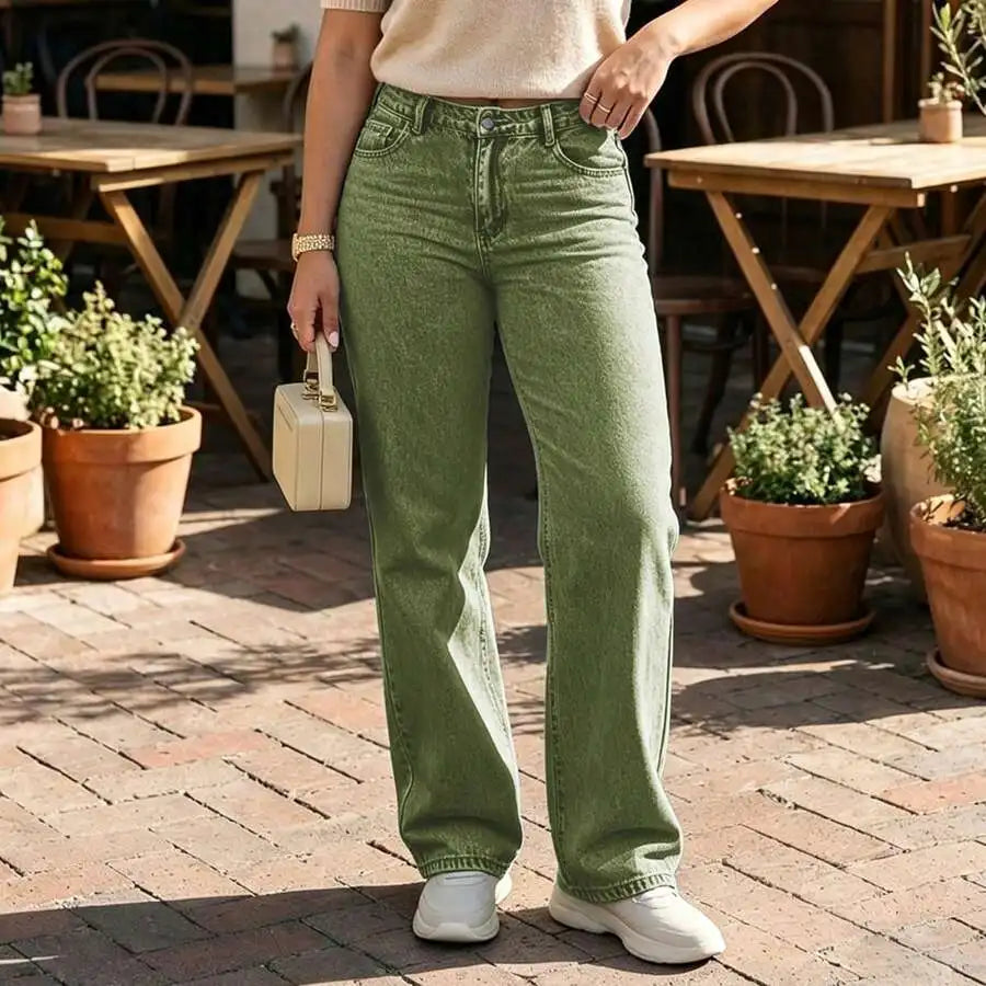 Womens Mid Rise Straight Leg Black Denim Jeans, Casual Loose Fit Trousers