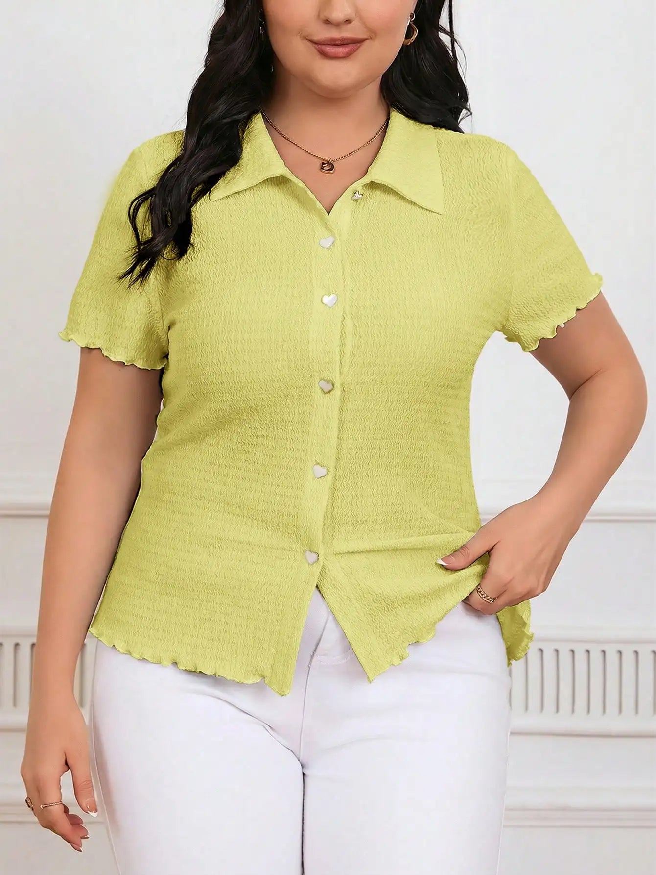 Striped Button Front Polo Shirt Short Sleeve Casual Office Elegant Women's Top