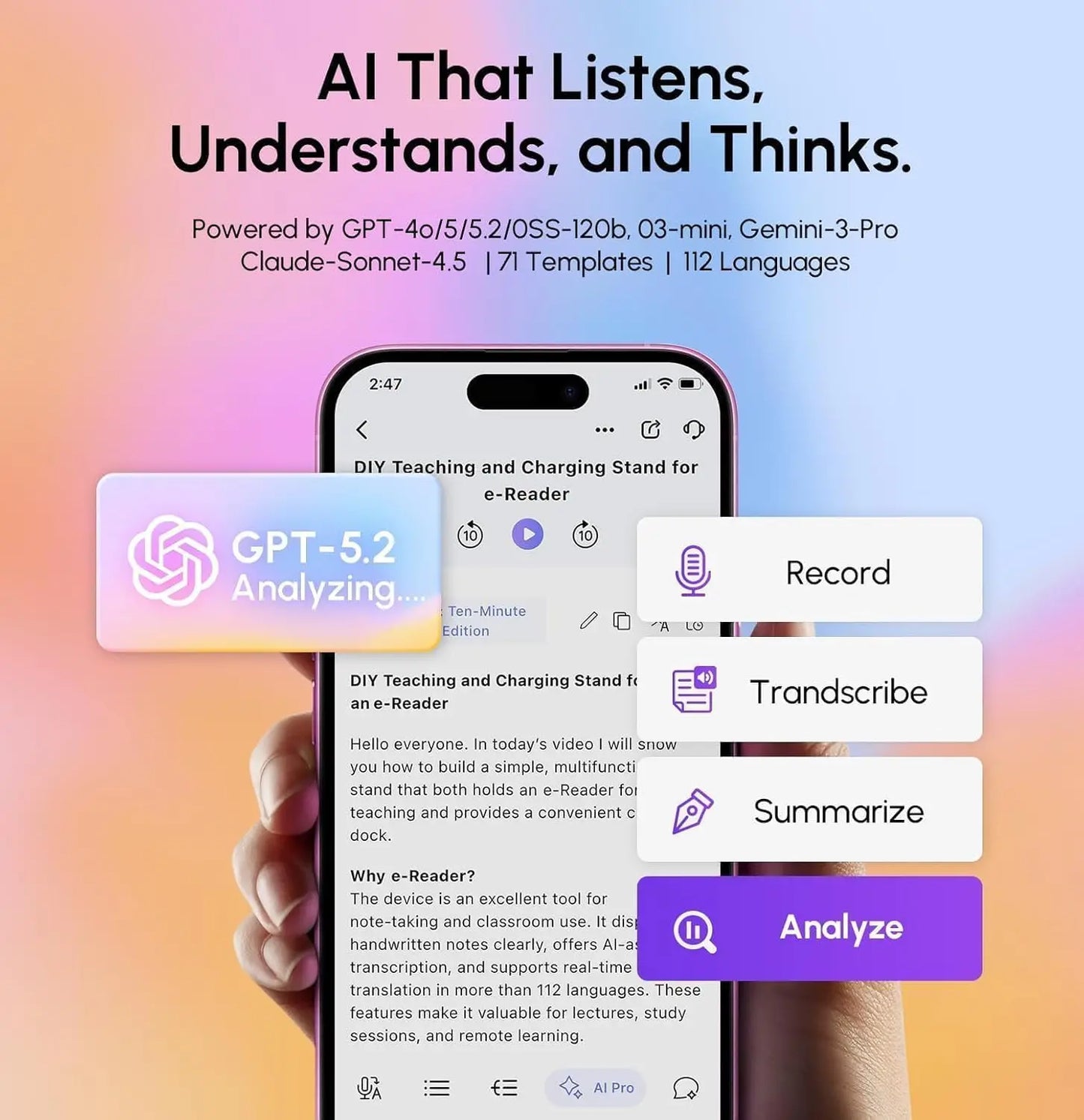 AI Voice Recorder & Transcriber – 30H Recording, 112-Language Speech-to-Text, Auto Summary for Meetings