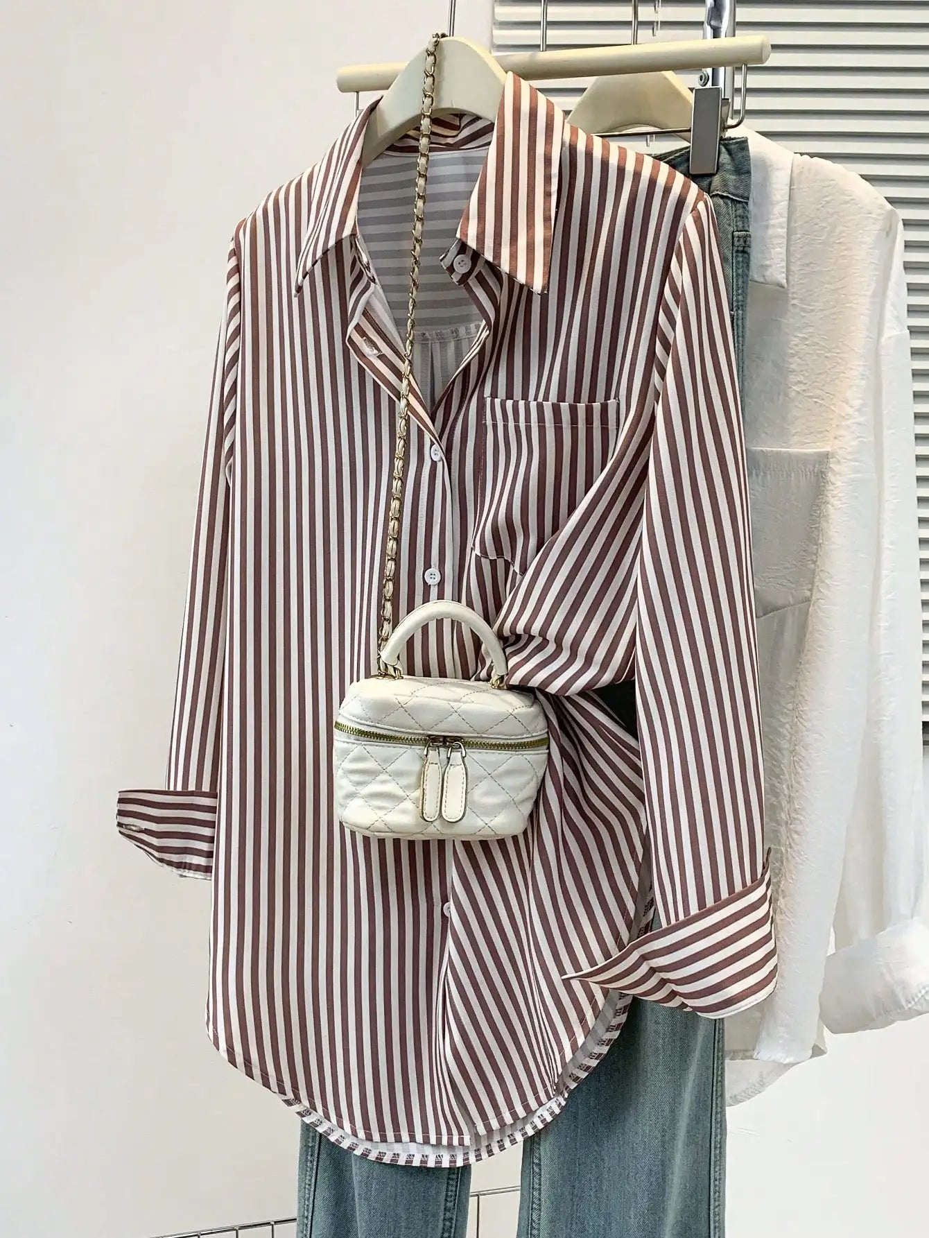 Womens Casual Striped Pointed Collar Long Sleeve Button-Up Shirt