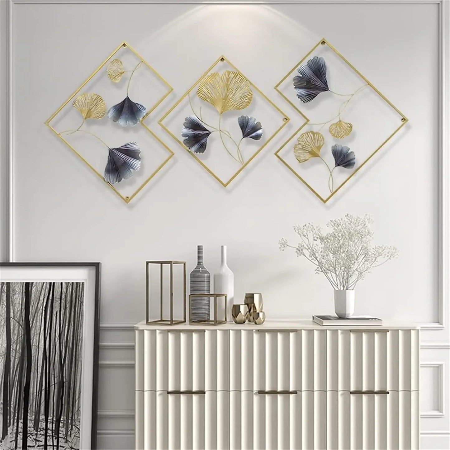 Creative Flowers Hanging Wall Sculpture Decor, 3 Pcs Ginkgo Metal Wall Art,Thickened Frame 20mm, Iron Artwork for Home Decor