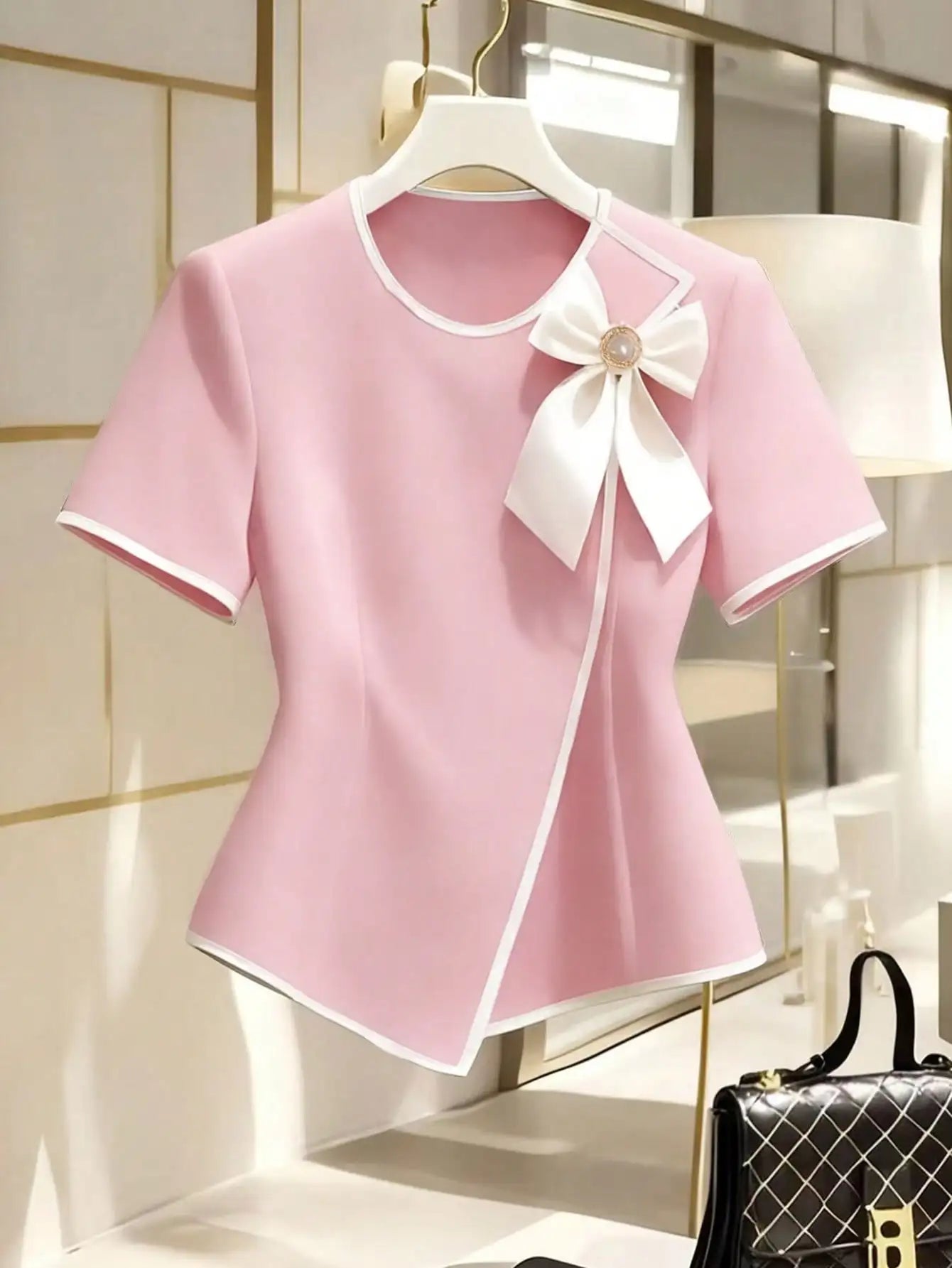 Elegant Bow Collar Short Sleeve Blouse With Asymmetric Hem For Office And Casual