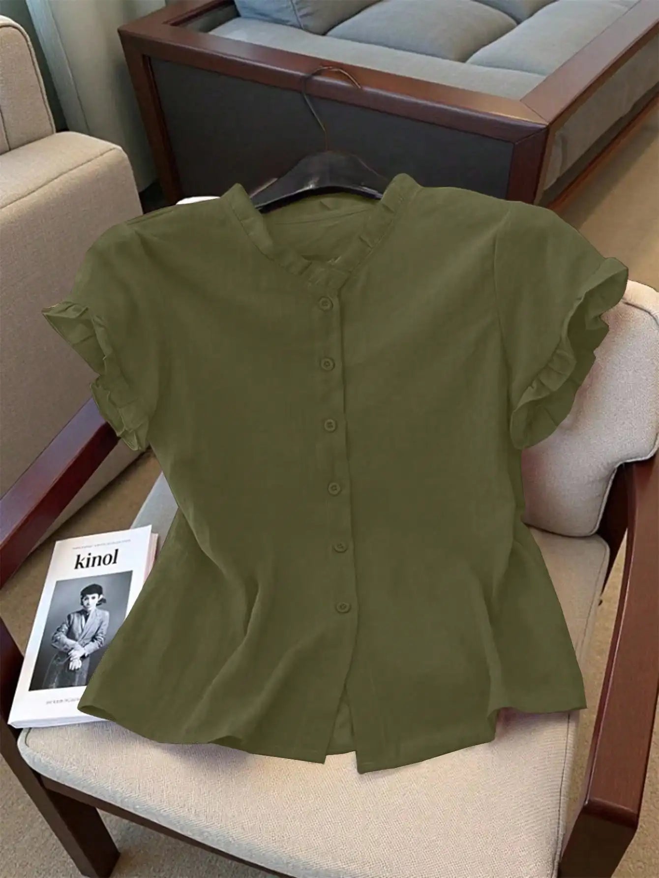 Women's Casual Pink Ruffled Collar Short Sleeve Button Up Blouse