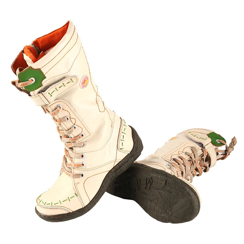 TMA EYES New Women'S Mid-Calf Boots Retro Handmade Lace-Up Winter Snow Boots Casual Warm Comfortable Footwear