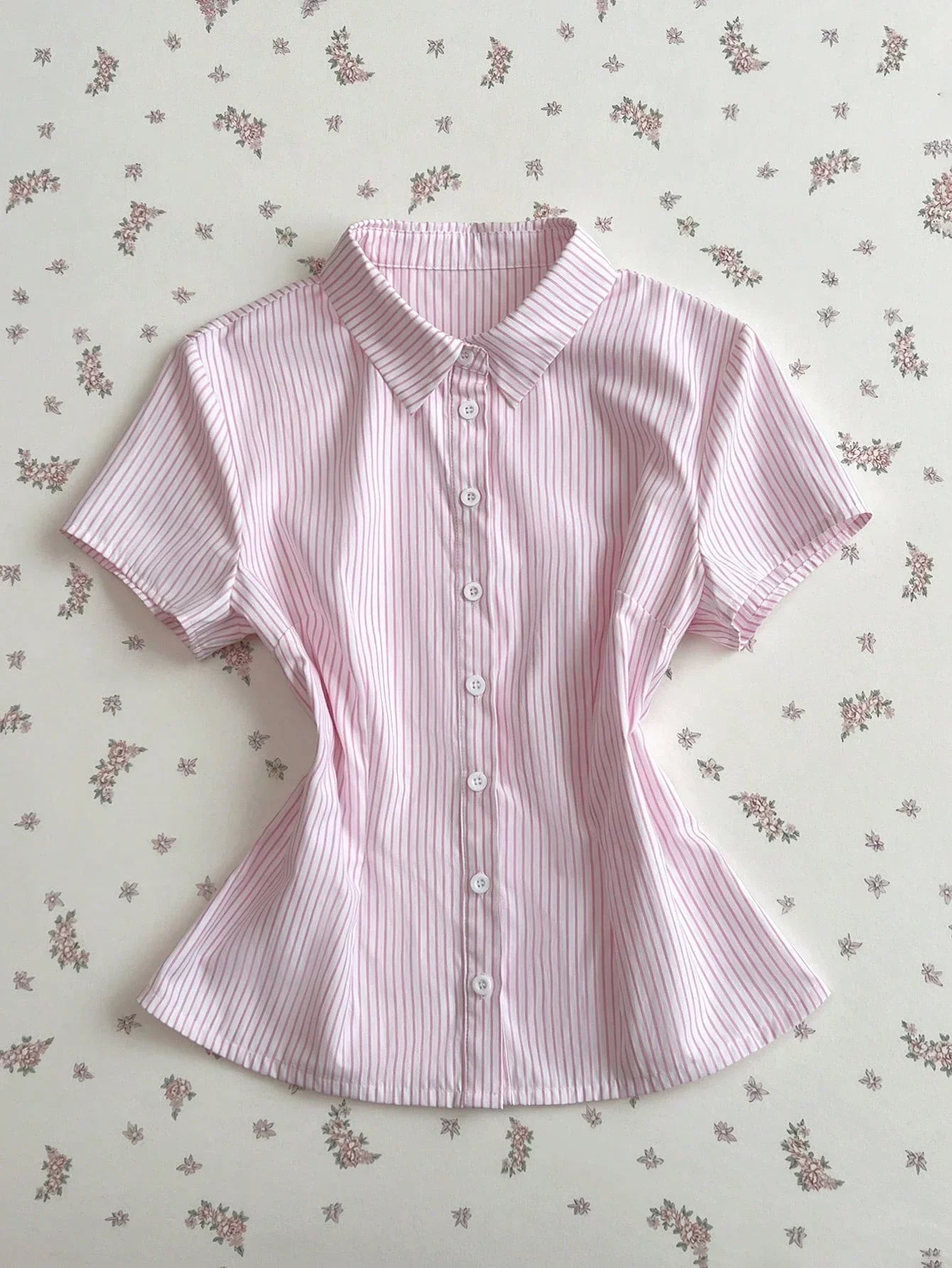 Pink And White Striped Cotton Blouse For Women, Collared Button Front Short Sleeve