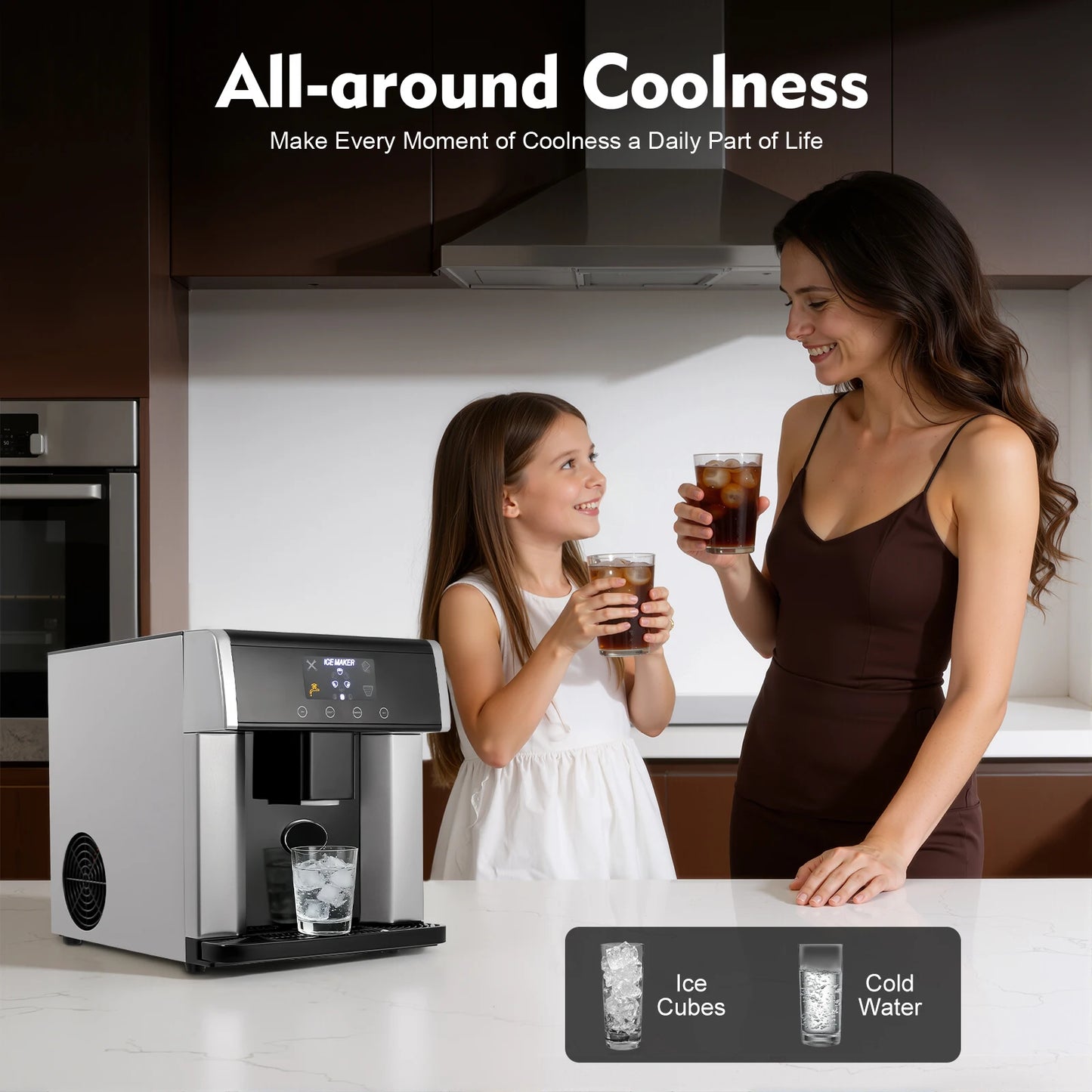 Countertop Ice Maker 15kg 24H 110V 2-in-1 Ice Machine 6-12 Mins Fast Ice Making Self-cleaning Electric Ice Dispenser Touch Control Large Storage Auto Shut-off for Home Office Cafe Party Kitchen Bar