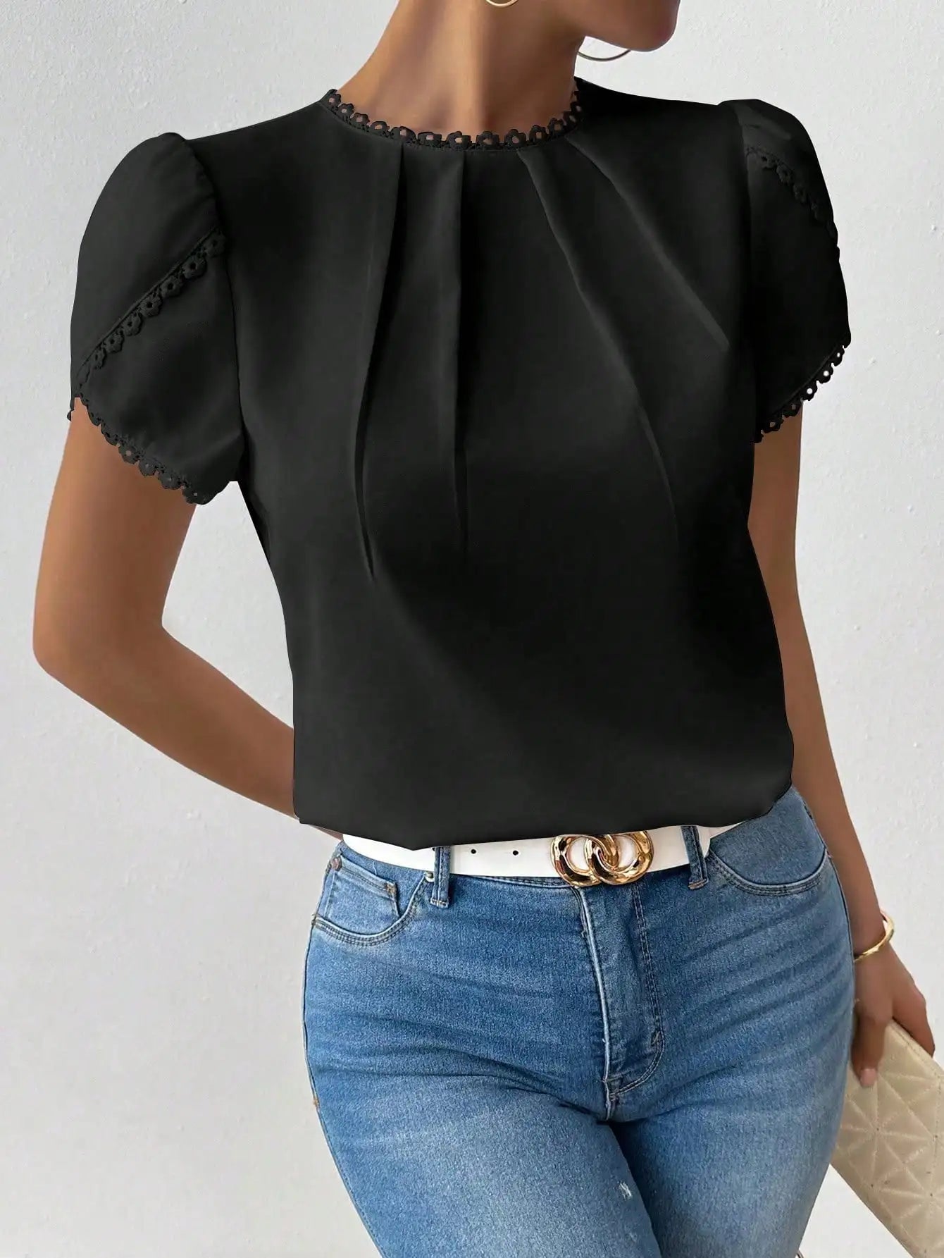 Women's Striped Ruffled Collar Petal Sleeve Blouse