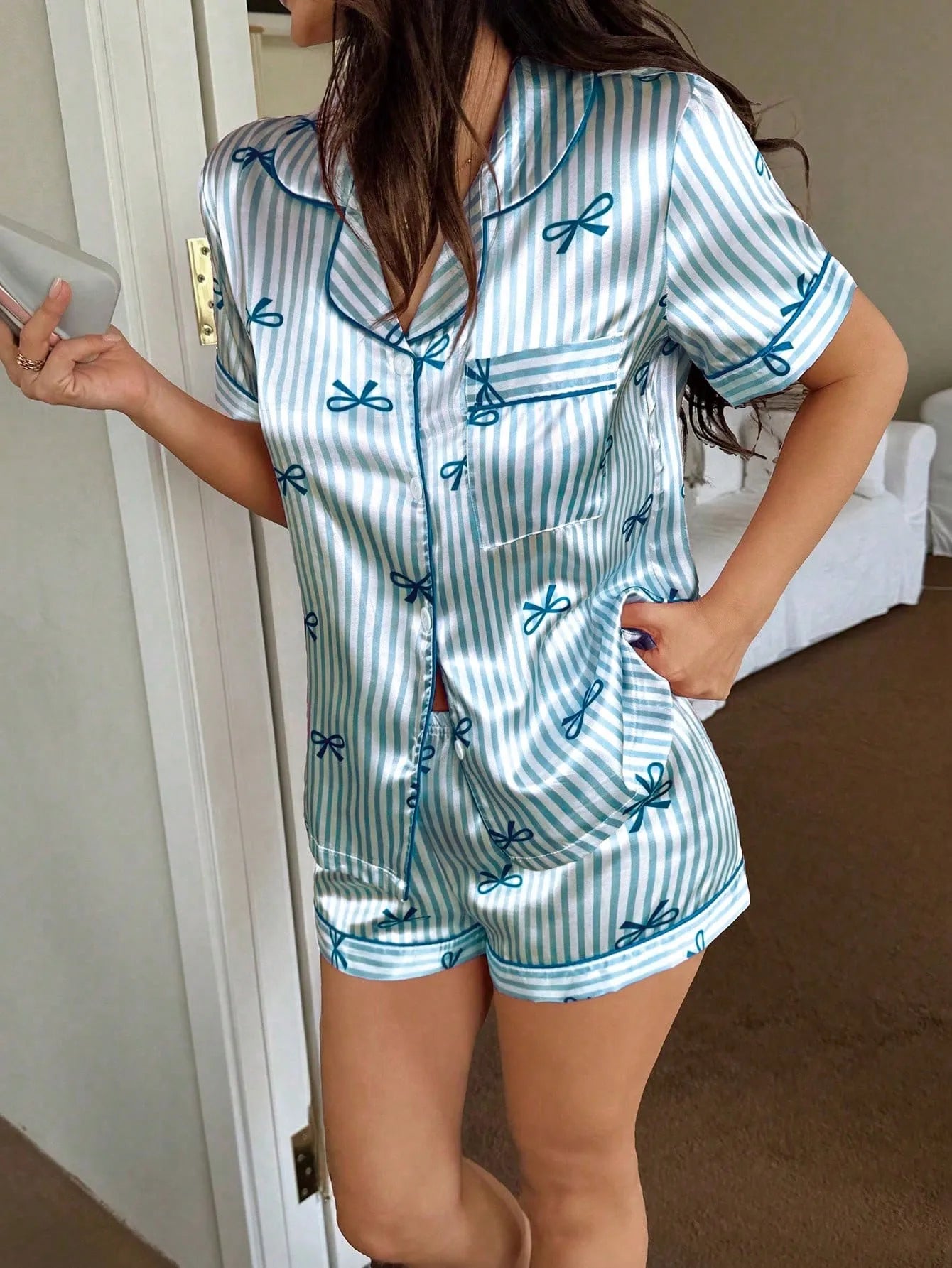 Faux Silk Striped Bow Tie Pajama Set | Lapel Short Sleeve Shorts Women Summer Light Sleepwear