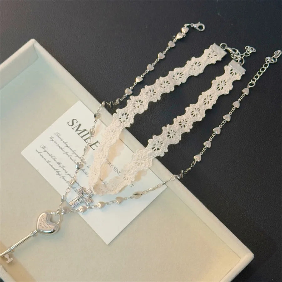 Y2K White Lace Cross Strap Key Choker Necklace for Women Sweet Cool Heart Chain Double Layer Necklace Fashion Party Jewelry Gift