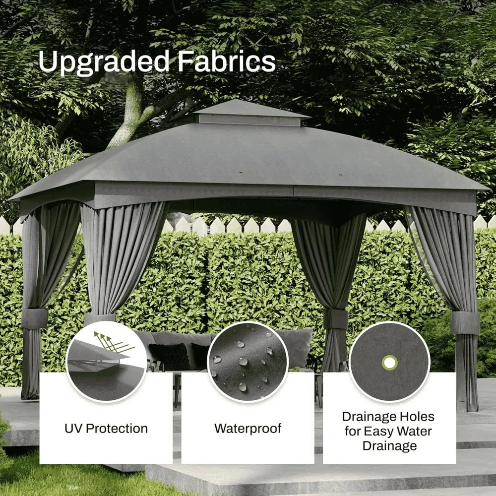 11x13Ft Heavy Duty Steel Frame Gazebo Double Roof with Curtain Netting for Outdoor Patio Garden Yard, Customized
