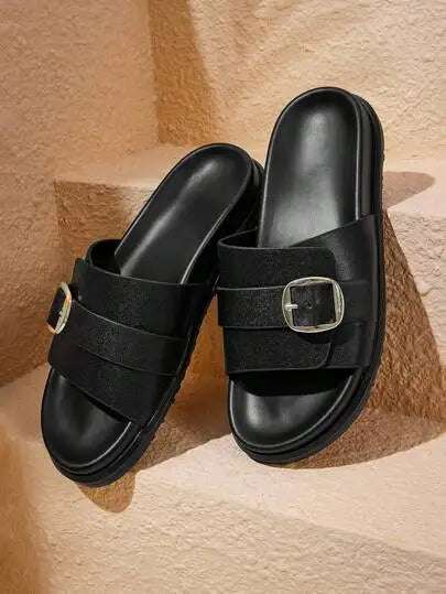 Elegant Black Wedge Slide Women, Flower Decor Sandals Vacation Summer Back To School College Student Shoes Spring