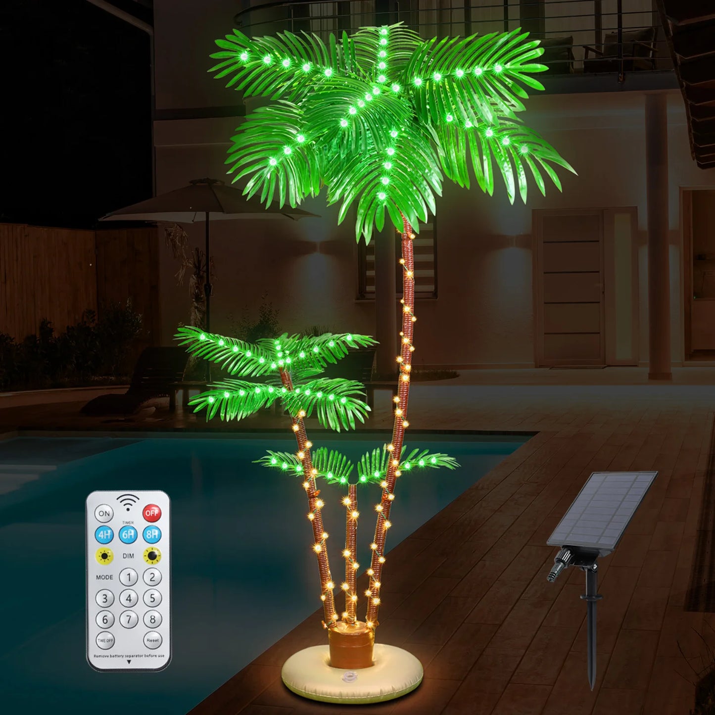 Solar Lighted Palm Tree 6FT Outdoor Christamas Tree Decoration, 8 Modes Tropical Palm Tree Fake Plant Light for Patio Pool Yard Home Party Decor