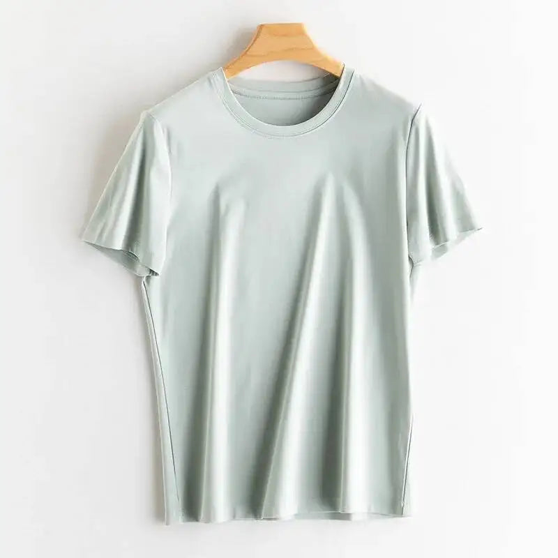 Summer 6% Mulberry Silk Cotton T-shirts Women Loose Round Neck Short Sleeve Luxury Tee Solid Color Basic Tops