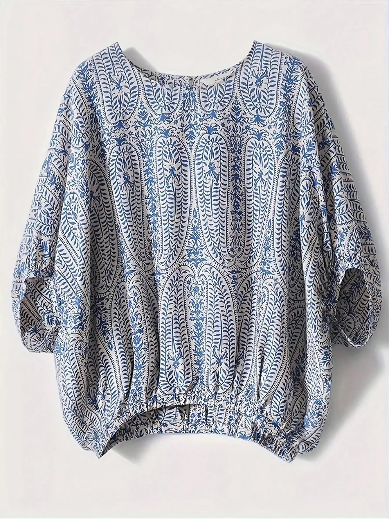 Women Blue White Paisley Print Lantern Sleeve Loose Round Neck Polyester Blouse Summer