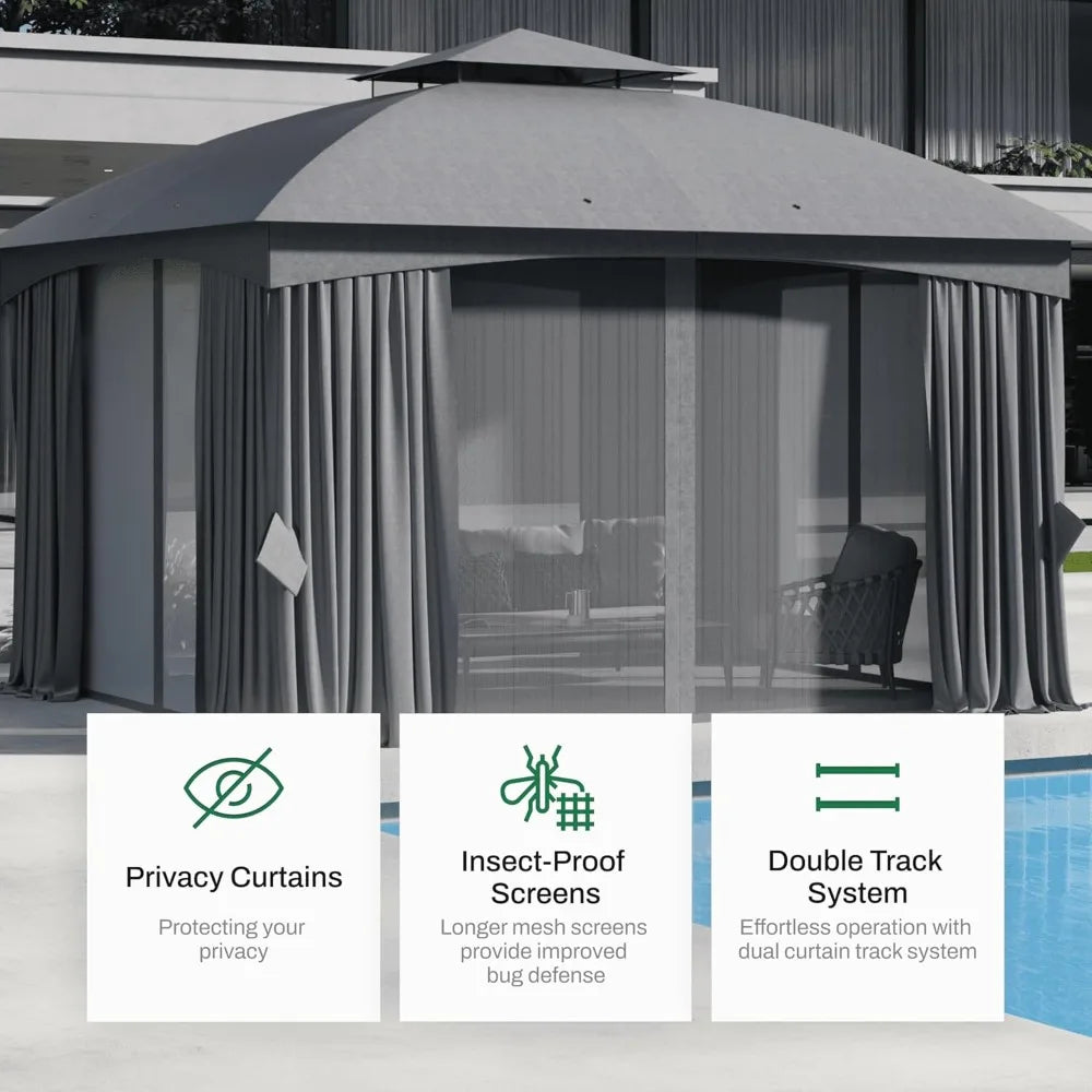 11x13Ft Heavy Duty Steel Frame Gazebo Double Roof with Curtain Netting for Outdoor Patio Garden Yard, Customized