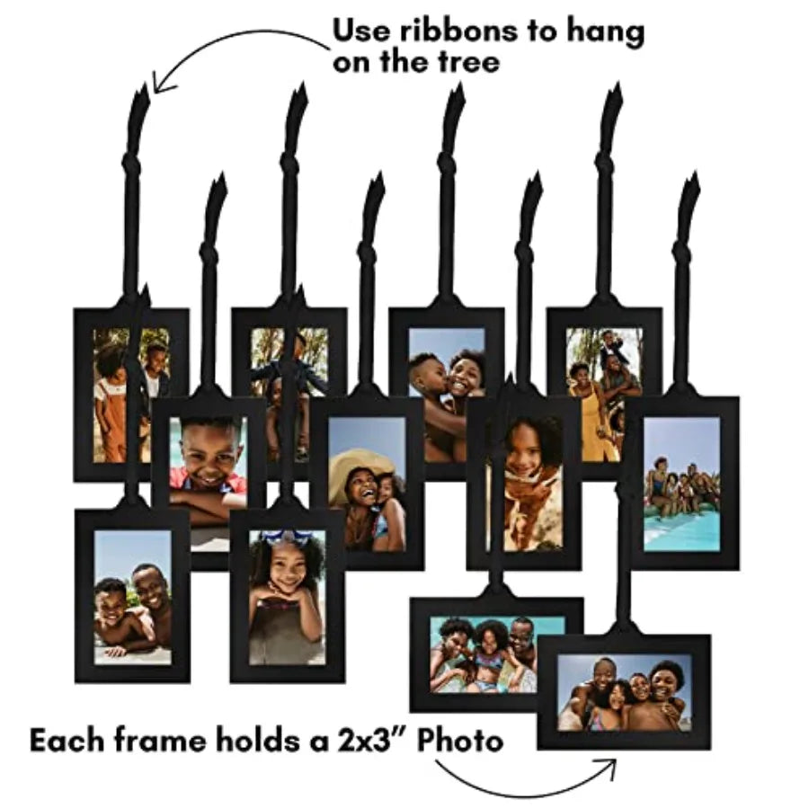 Family Tree Picture Frame - Includes 12 Hanging 2x3 Picture Frames - Adjustable Ribbon Tassels - Ideal as Mother's Day Gifts or