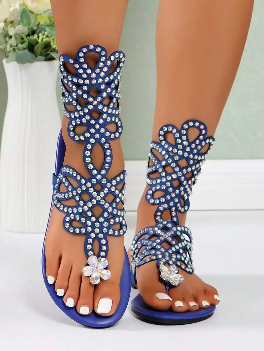 Womens Sparkling Rhinestone Roman Style Thong Sandals Blue Hollow Woven With Iridescent Crystals