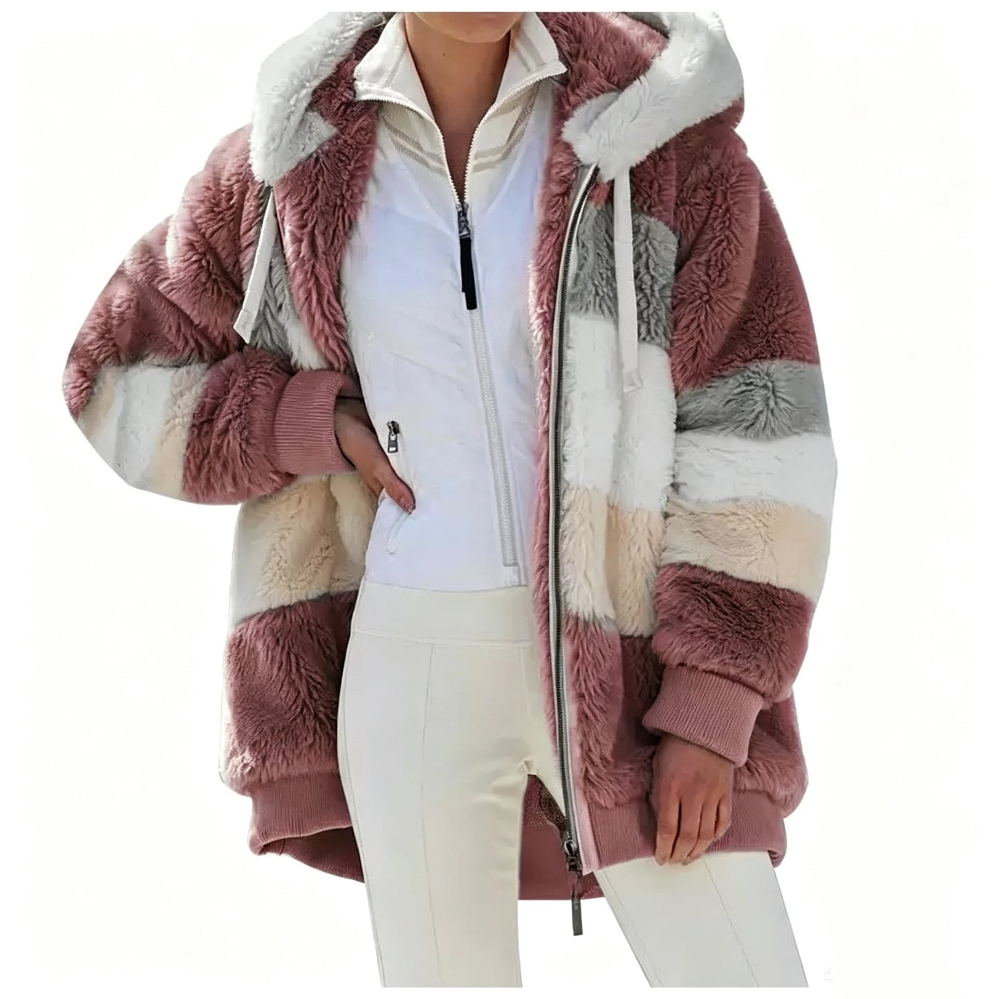 Winter and autumn warm plush quilted zipper pocket hooded loose-fitting women's coat