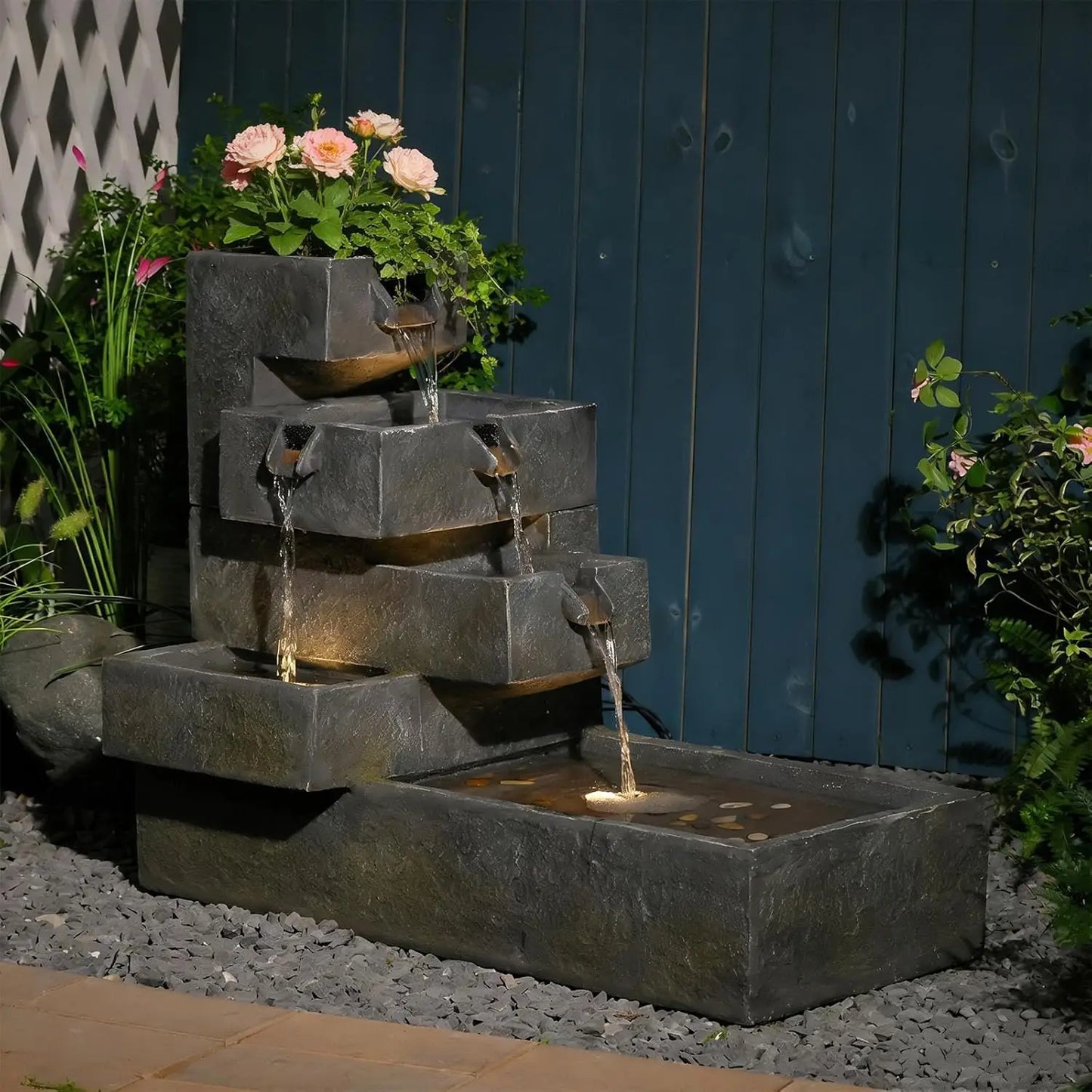 40in 5-Tier Tree Trunk Outdoor Water Fountain LED Garden Patio Backyard Decor, Customized