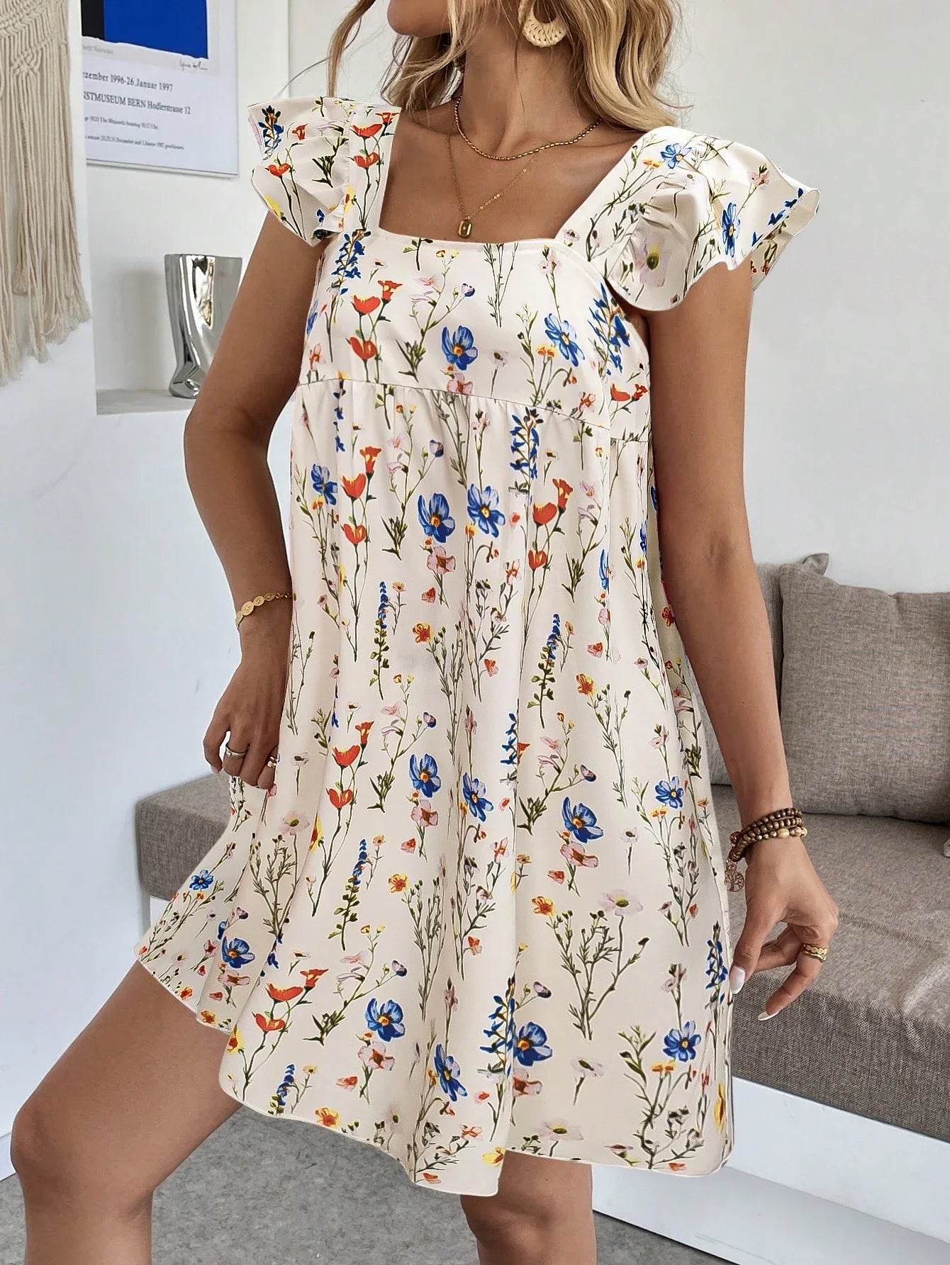 Women Floral Print Square Neck A-Line Short Dress Casual Summer Holiday