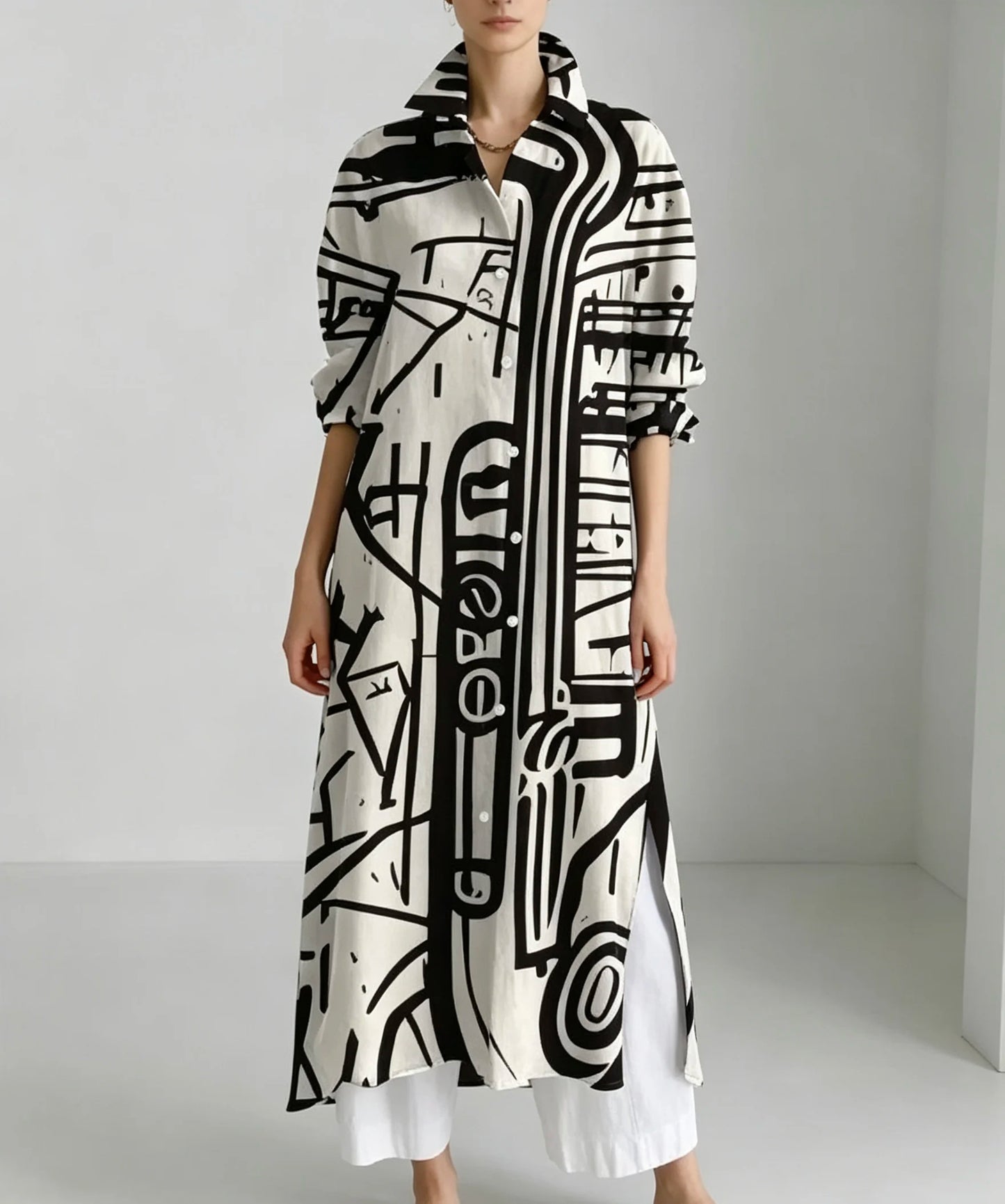 Plus size black and white graffiti print long shirt sun protection cardigan; lapel button-up side slit loose three-quarter sleeve sun protection cardigan long