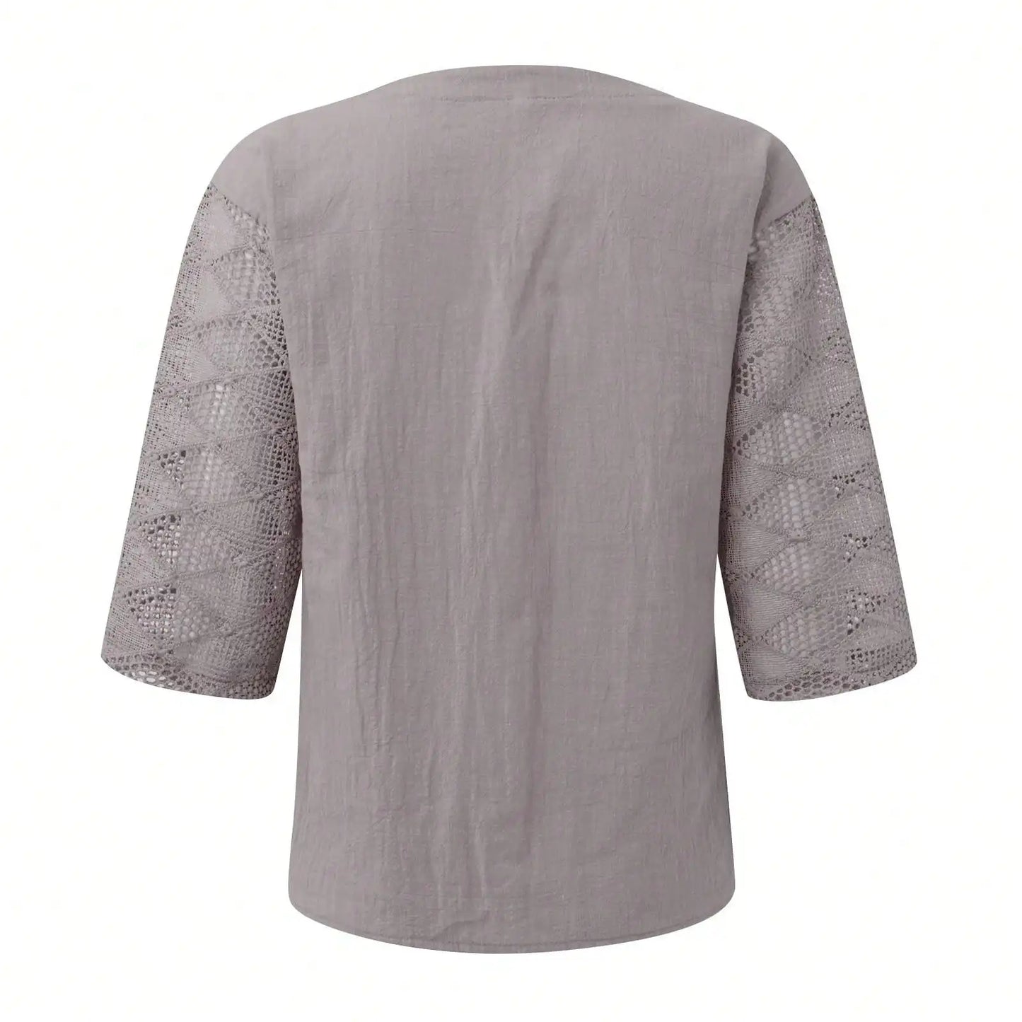 Women's Summer Cotton Shirt, Solid Color Casual Hollow U-Neck 3/4 Sleeve Lace Shirt, Women's Solid Color Lace Stitched Short-Sleeve T-Shirt, Loose Shirt, Women's Top, Short-Sleeve Loose Fit