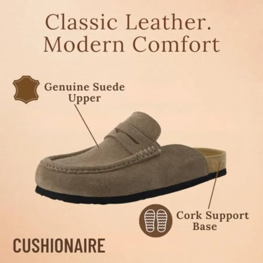CUSHIONAIRE Fondu Genuine Leather Mule Clogs for Women, Comfortable Slip On Womens Shoes with Penny Strap Accent and Memory Foa
