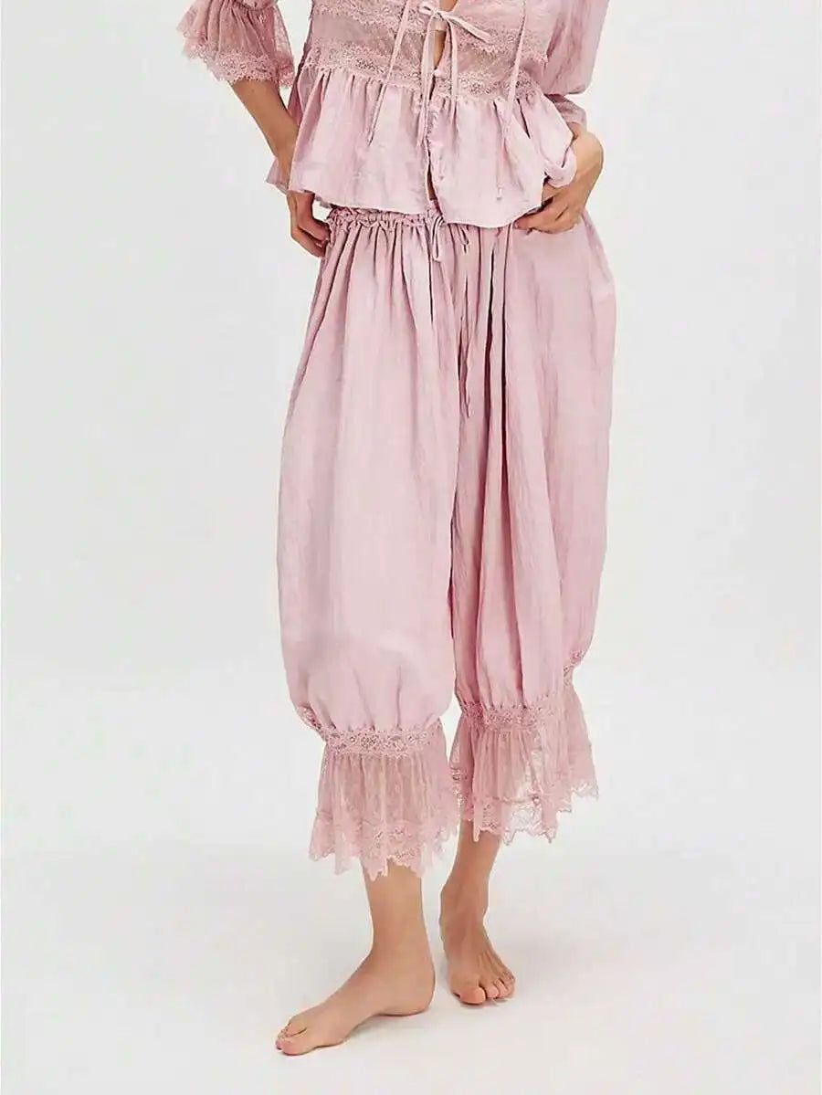 Women Cropped Lace Trim Bloomers Loose Mid Rise Victorian Pantaloons Streetwear