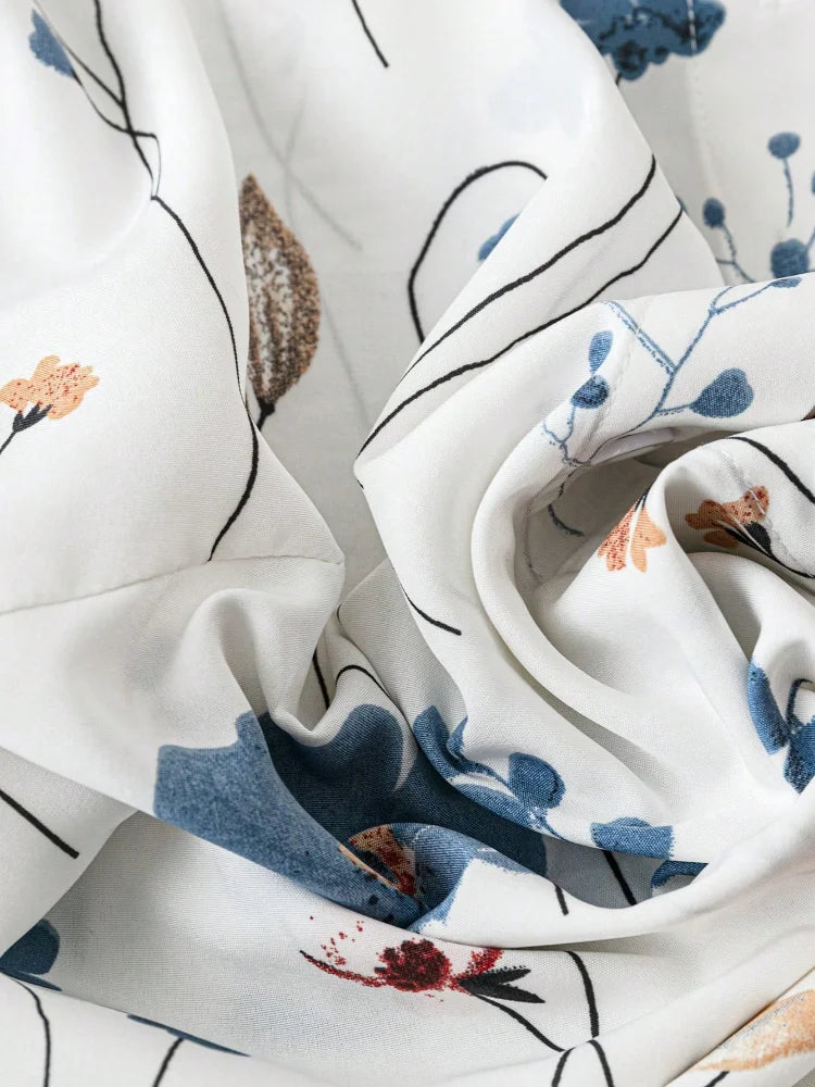Women's Watercolor Floral Print Button Down Blouse, Lapel Puff Short Sleeve Ruffle Cuff Loose Summer Beach Casual Shirt