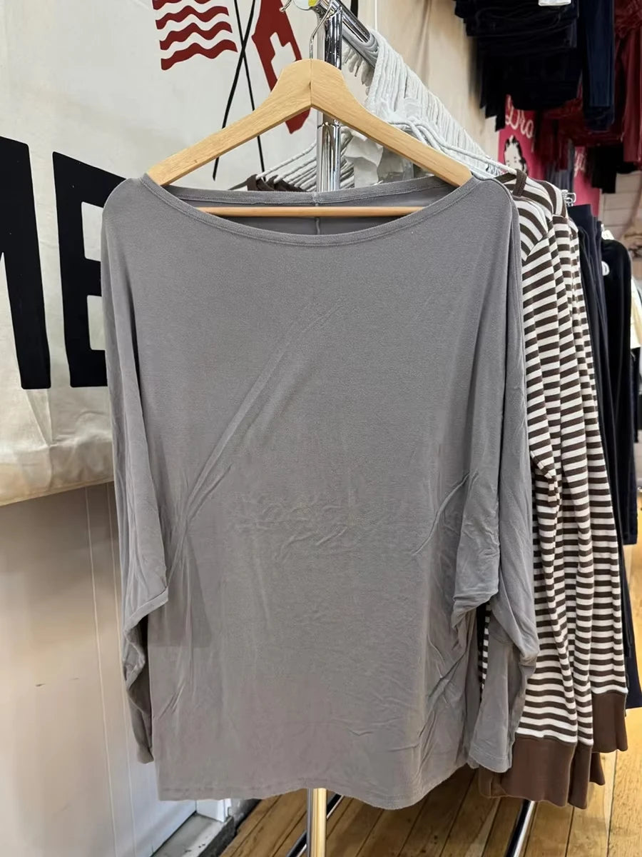 Navy Long Batwing Sleeve T-shirts Woman Sweet Slash Neck Cotton Tee Shirts Female Casual Simple All-match Tshirts Y2k Tops
